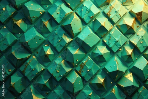Geometric teal and gold abstract shapes, endlessly repeating , bright, stylish