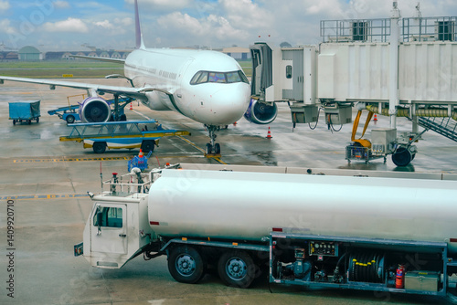 Fuel tanker truck with tanker arrived. Airplane refueling, connected fuel hose under the fuel tank in the wing