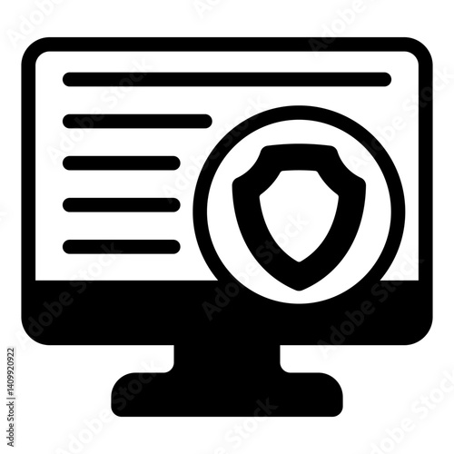 Monitor with safety emblem solid icon, data protection concept. Vector graphics. Display screen with secure data sign on white background, glyph style mobile or design.