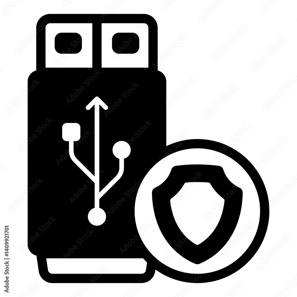 Flash drive with emblem solid icon, data storage concept. Vector graphics. Portable disk drive sign on white background, glyph style mobile or design.