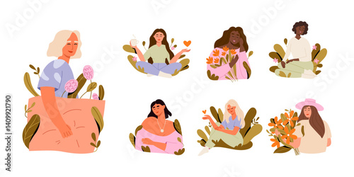 Young women with hearts and flowers set