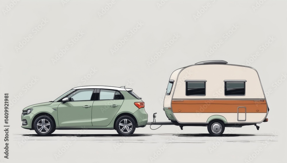 Fototapeta premium Car with Travel Trailer - Side View
