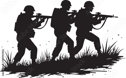 Soldiers Advancing Silhouette – Military Combat Illustration

Tactical Army Team – Black and White Soldier Silhouette Art

Combat Patrol in Motion – Military Operation Graphic