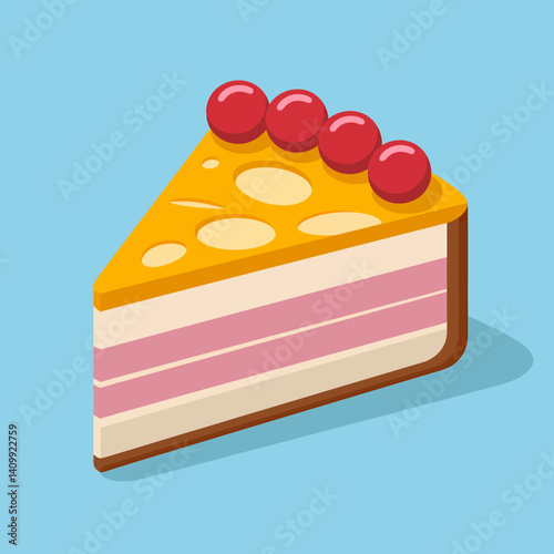 Cartoon Cheesecake Slice with Cherries, Delicious Dessert Treat, Flat Design