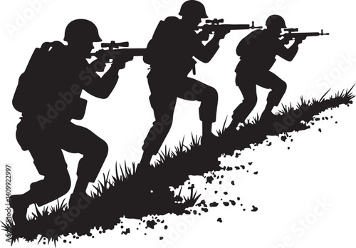 Soldiers Advancing Silhouette – Military Combat Illustration

Tactical Army Team – Black and White Soldier Silhouette Art

Combat Patrol in Motion – Military Operation Graphic