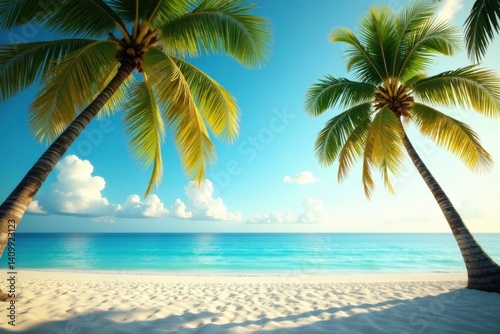 Palm trees swaying gently in warm ocean breeze, sunset, palm tree, beach