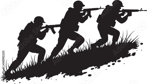 Soldiers Advancing Silhouette – Military Combat Illustration

Tactical Army Team – Black and White Soldier Silhouette Art

Combat Patrol in Motion – Military Operation Graphic