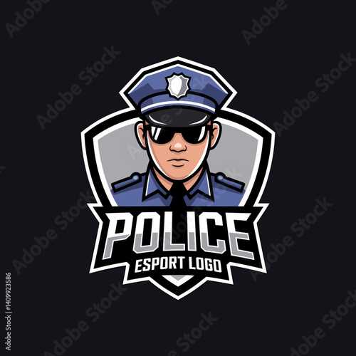Police Officer Esport Mascot Logo Design with Shield on Dark Background
