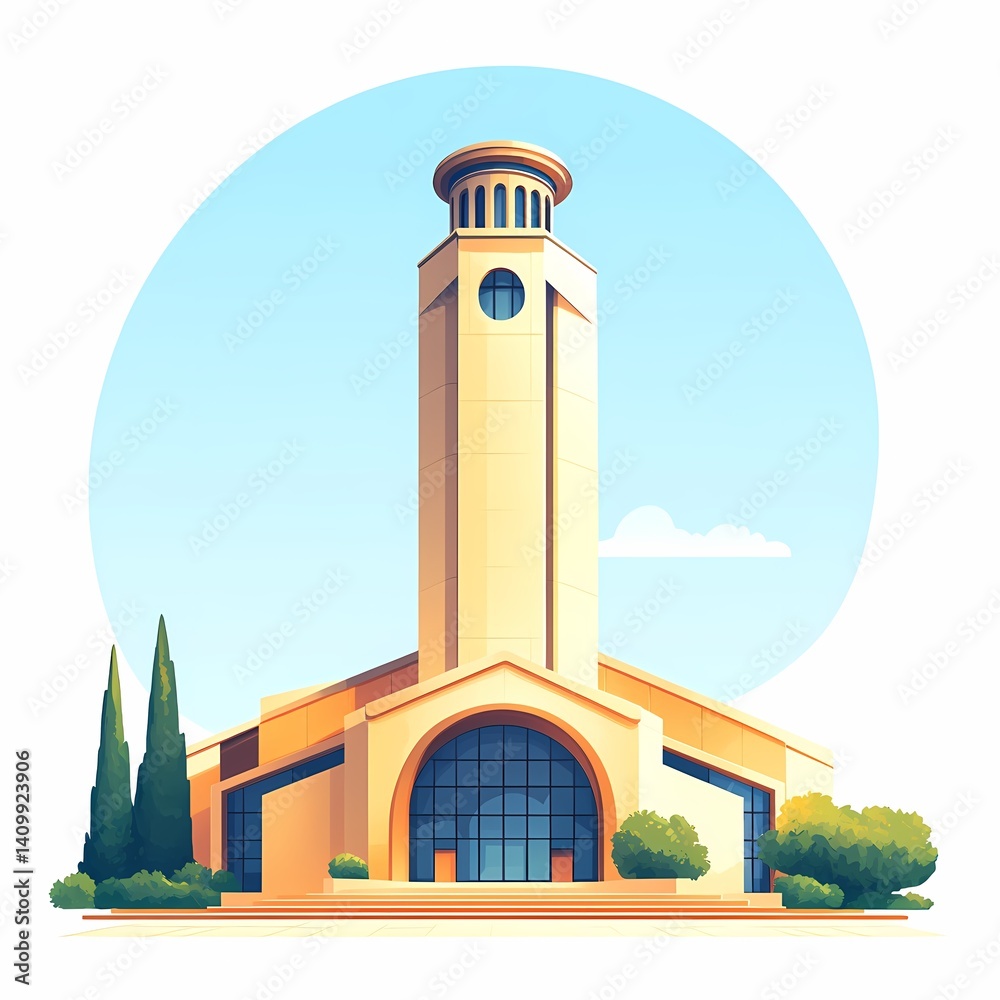 Obraz premium Modern Architectural Landmark. Circular Tower with Urban Cityscape and Greenery in Sunny Daytime Skyline - Sightseeing Travel Destination Illustration