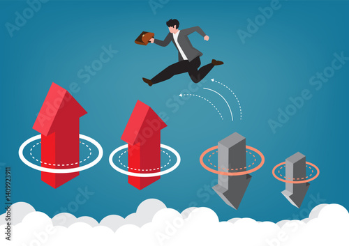 Overcome challenges and barriers to concept. Successful businessman jumping over down arrow