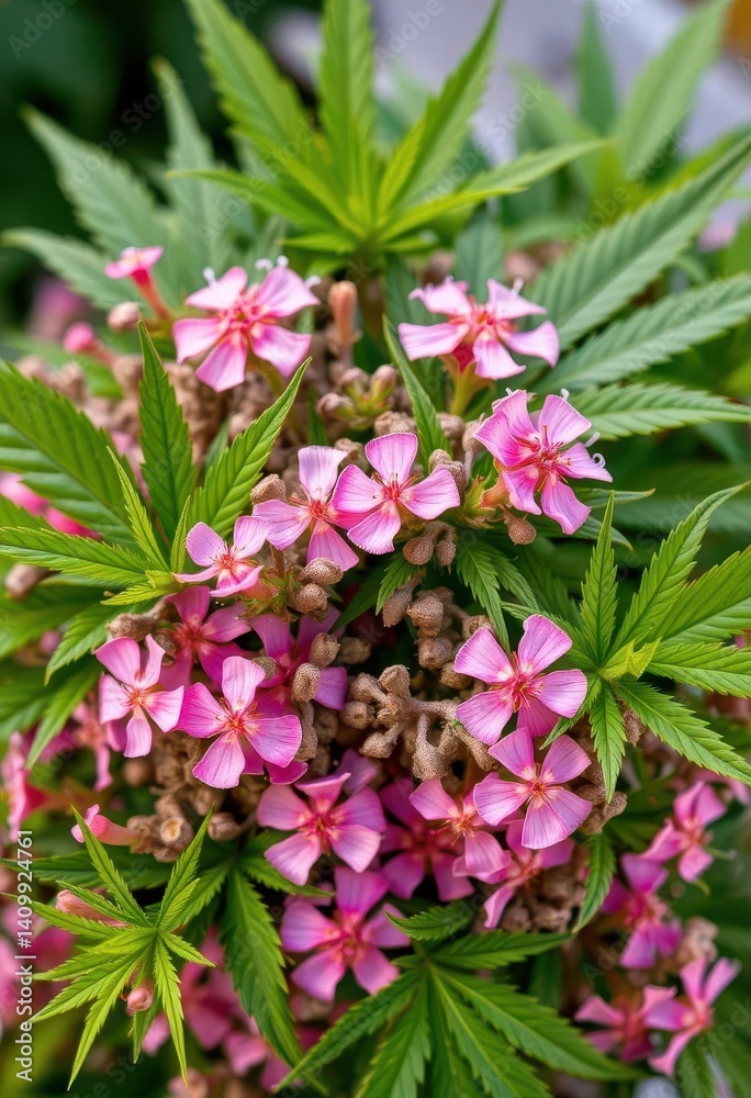 Delicate pink wildflowers interwoven with vibrant green cannabis leaves, forming a charming bouquet, green leaves, weed Delicate pink wildflowers interwoven with vibrant green cannabis leaves, forming a charming bouquet, green leaves, weed