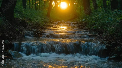 Forest brook sunrise golden light