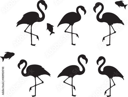 A simple and elegant design featuring a repeating pattern of black flamingo silhouettes against a pure white background.