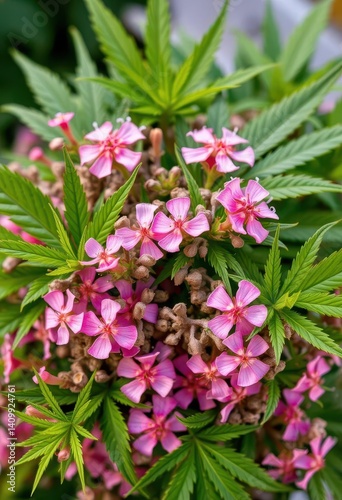 Delicate pink wildflowers interwoven with vibrant green cannabis leaves, forming a charming bouquet, green leaves, weed