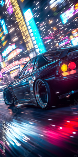 Night traffic flowing through a busy city street with blurred lights and fast-moving cars