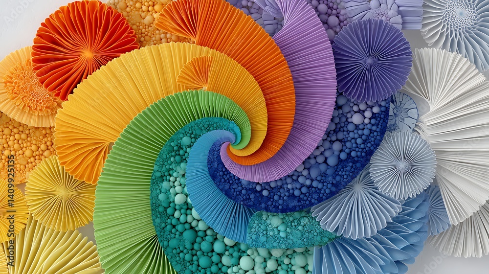 Naklejka premium Abstract Rainbow Spiral Artwork Colorful Paper Pleats and 3D Sphere Design