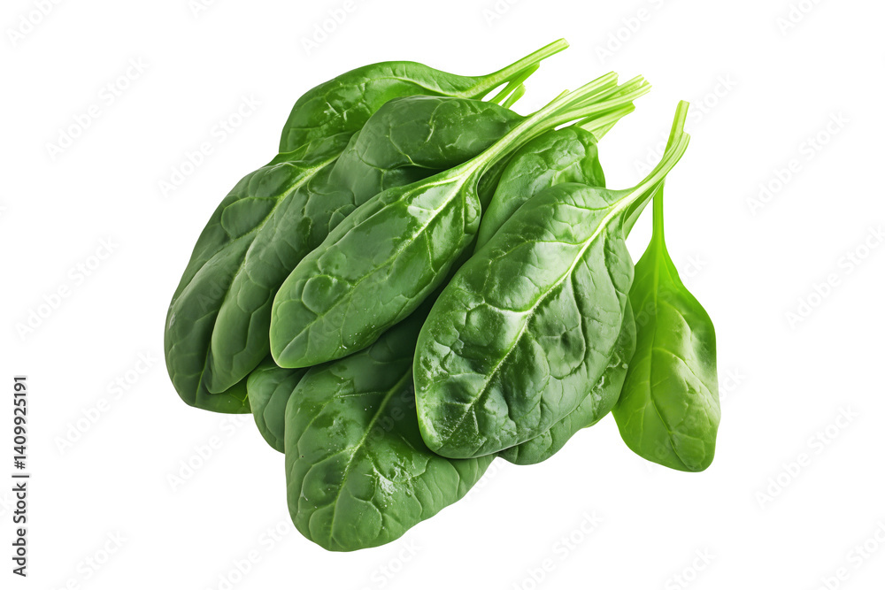 Obraz premium Vibrant baby spinach leaves isolated on white transparent background. Perfect for culinary uses