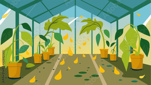 As humidity builds up inside the greenhouse the plants struggle to breathe causing their leaves to turn yellow and eventually rot reflecting the damaging effects of poor. Vector illustration