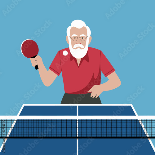 Senior man playing table tennis illustration, aged person enjoying sport