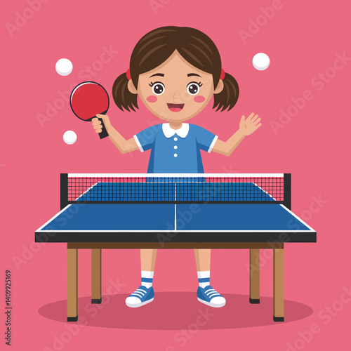 Girl playing ping pong illustration, table tennis, sports activity for kids