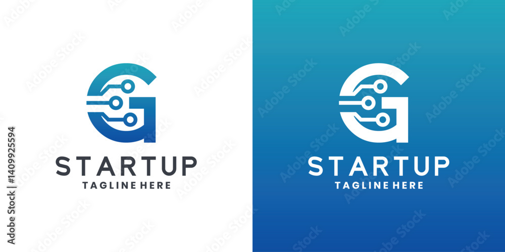 Technology startup logo with letter G and circuit lines