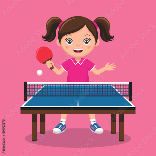 Girl playing table tennis, cartoon character illustration on pink background.