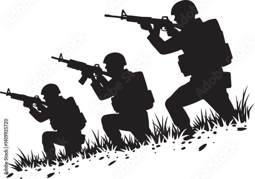 Soldiers Advancing Silhouette – Military Combat Illustration

Tactical Army Team – Black and White Soldier Silhouette Art

Combat Patrol in Motion – Military Operation Graphic