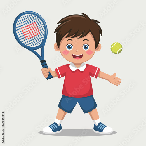 Cheerful Boy Cartoon Playing Tennis with Racket and Ball Illustration