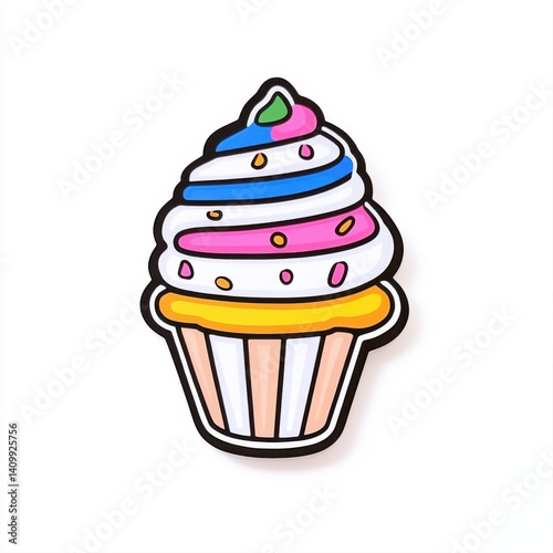 Colorful Cartoon Cupcake with Whipped Cream and Sprinkles on White Background for Fun Designs
