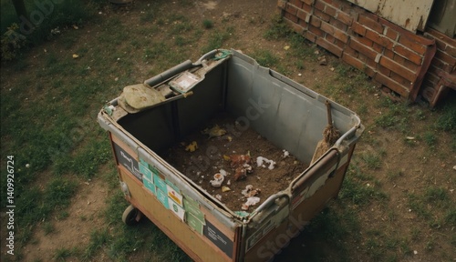 A large dirty compost bin with mixed organic waste sits in a grassy backyard surrounded by old bricks and earth as part of sustainable waste management practices