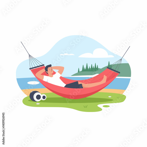 Man Relaxing in Hammock on Lakeside Meadow, Vacation Getaway Serenity