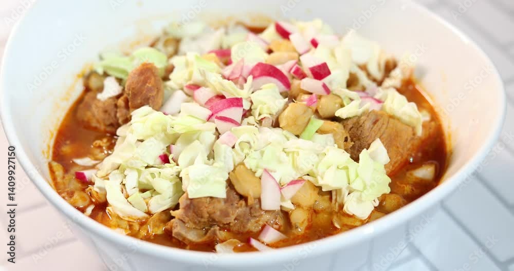 A bowl of red pozole soup with shredded cabbage and radish toppings, in a white bowl on a white brick surface. 