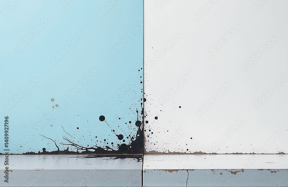 Splashes Of Paint On Concrete Contrast With Brushstrokes On Gray, Creating An Abstract Expressionist Scene With A Light Blue Background.