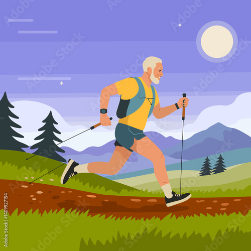 Active senior trail running in mountains with trekking poles at sunset