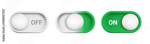 Vector cartoon 3d turn on off switch button set. Cute realistic 3d white and green toggle switch slider with white button and text ON OFF. Setting toggle design element for mobile app interface, ui.