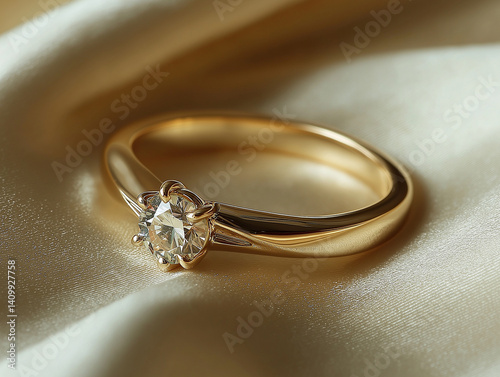 A gold engagement ring with a diamond on satin, golden wedding ring with a diamond on a golden satin fabric, ring for the bride, generative ai