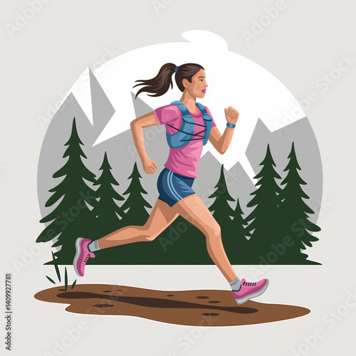 Trail Runner Woman Vector Illustration in Mountain Landscape