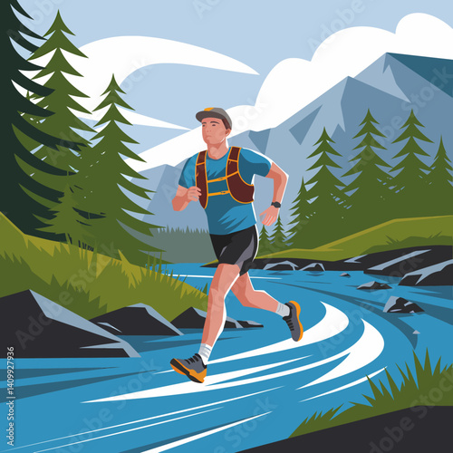 Trail Runner Man: Mountain River Jogging for Fitness & Outdoor Adventure