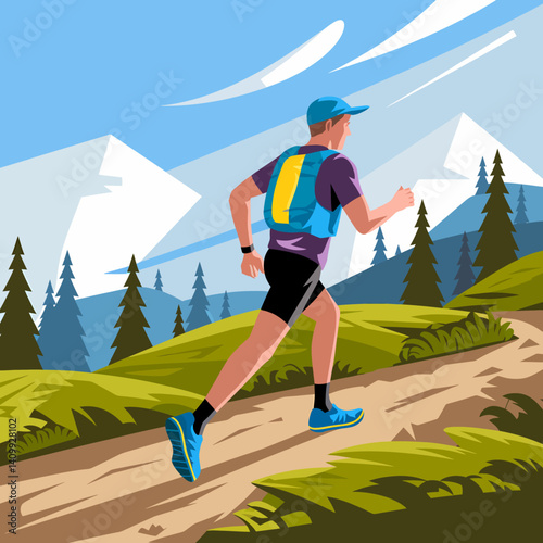 Trail Runner Climbing Hill: Outdoor Sport, Man Running in Nature, Active Lifestyle