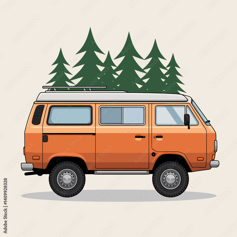 Obraz premium Retro Camper Van Trip: Vintage Vehicle with Pine Forest Illustration