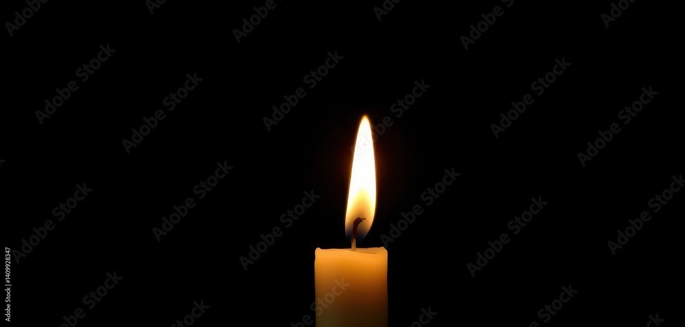 Single flickering candle flame against pure black background, spirituality, shadow Single flickering candle flame against pure black background, spirituality, shadow