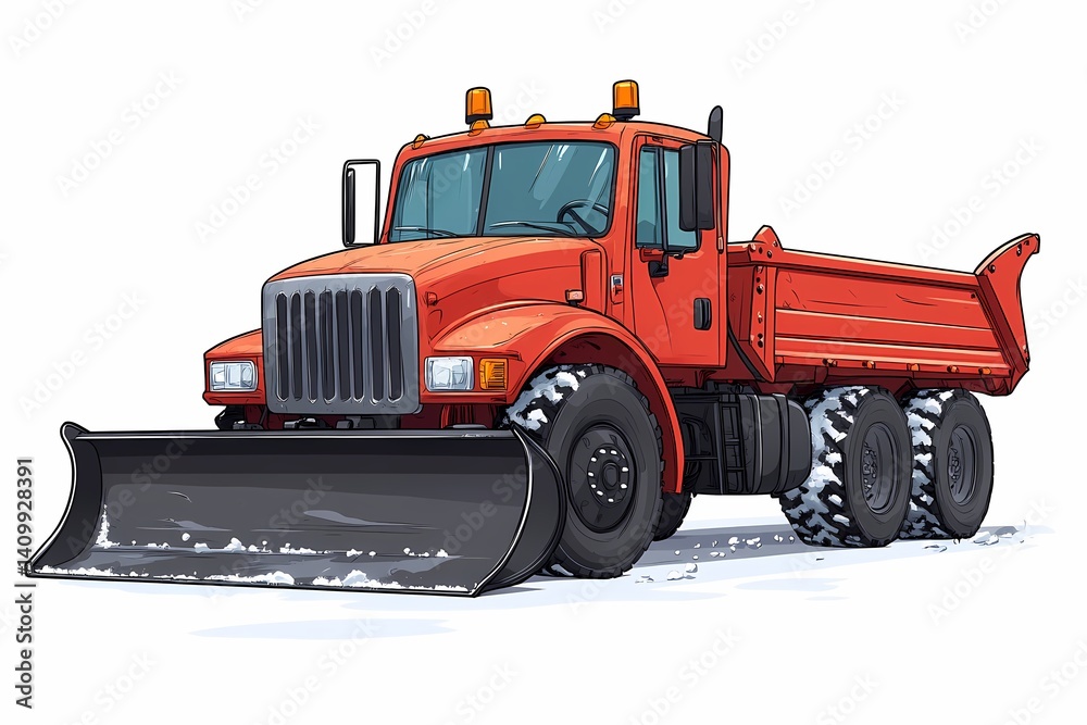 Fototapeta premium Red Snowplow Truck. Efficient Urban & Rural Snow Removal Vehicle for Winter Landscapes