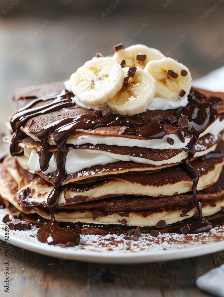 Stack of pancakes on a white plate. the pancakes are golden brown and appear to be freshly made. on top of the pancakes, there are sliced bananas arranged in a circular pattern. Stack of pancakes on a white plate. the pancakes are golden brown and appear to be freshly made. on top of the pancakes, there are sliced bananas arranged in a circular pattern.