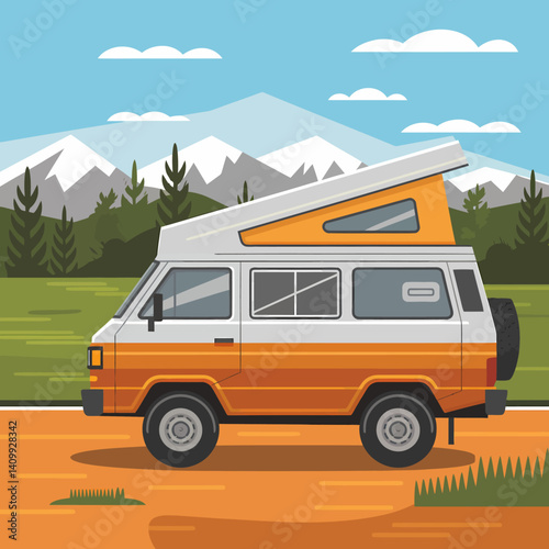 Retro Camper Van Adventure: Pop-Up Roof Vehicle in Mountain Landscape
