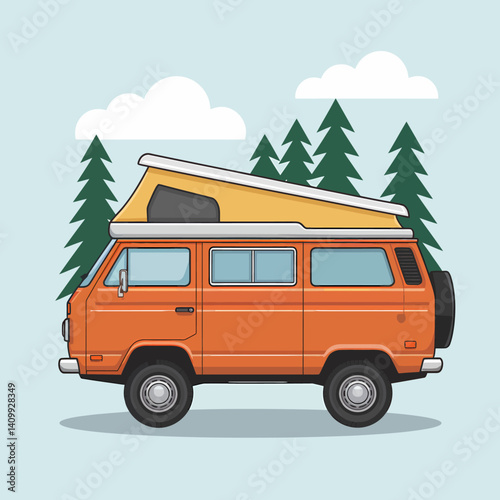 Orange Campervan Illustration with Pop-Up Roof and Forest Background