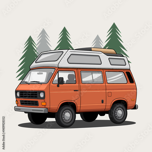 Orange Campervan Illustration with Pop-Top in Forest Scene, Outdoor Adventure