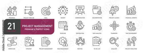 Set of line icons related to project management, progress, management, efficiency. Outline icons collection. Editable stroke. Vector illustration