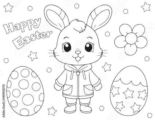 happy easter with cute cartoon bunny and easter eggs, coloring page ready to print on standard 8.5x11 inch paper at 300 DPI, for high-quality results when printed. vector illustration eps file