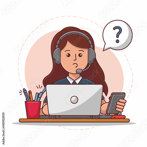 Confused Customer Support: Woman with Headset & Question, Solving Tech Issues