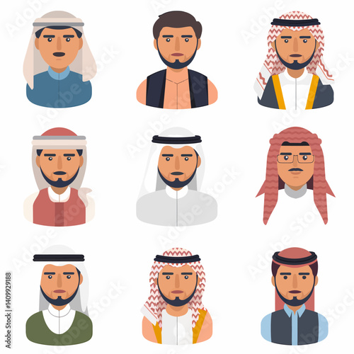 Diverse collection of middle eastern men, portraits in traditional attire.